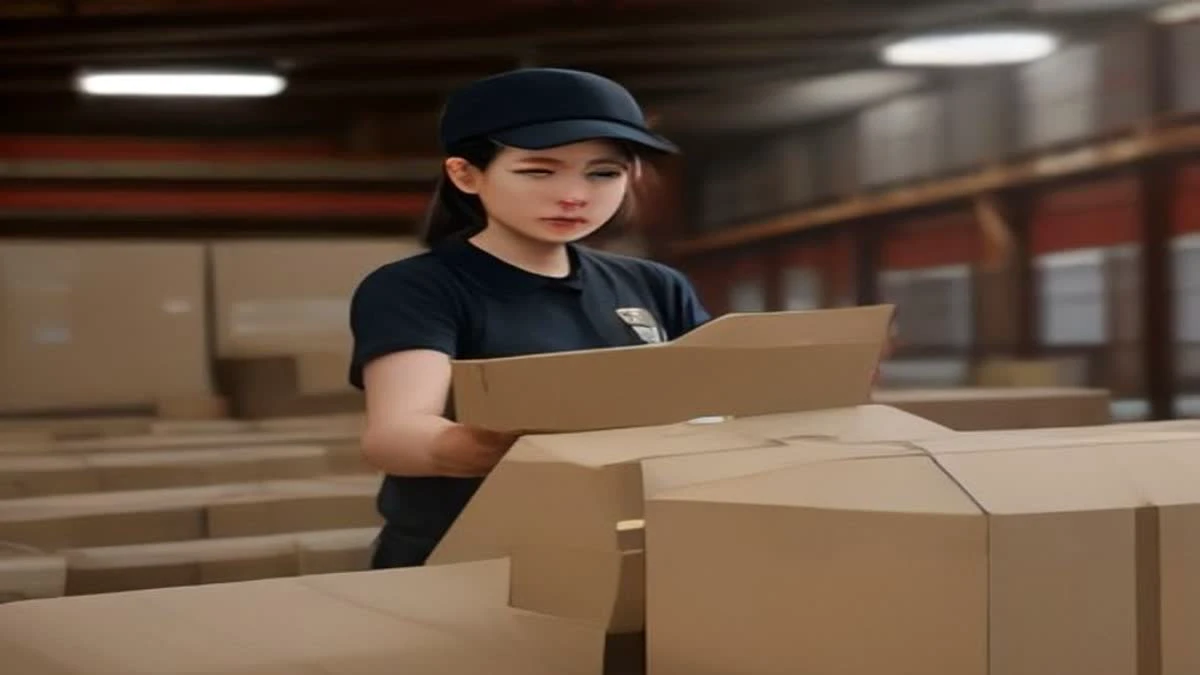 Photograph: medium shot of a courier scanning a parcel at a bright logistics counter