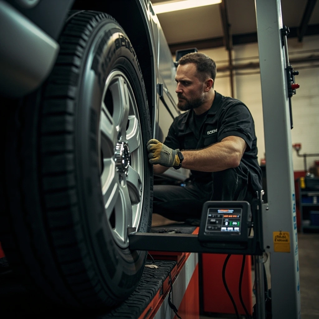Tire being balanced on a computerized wheel balancer