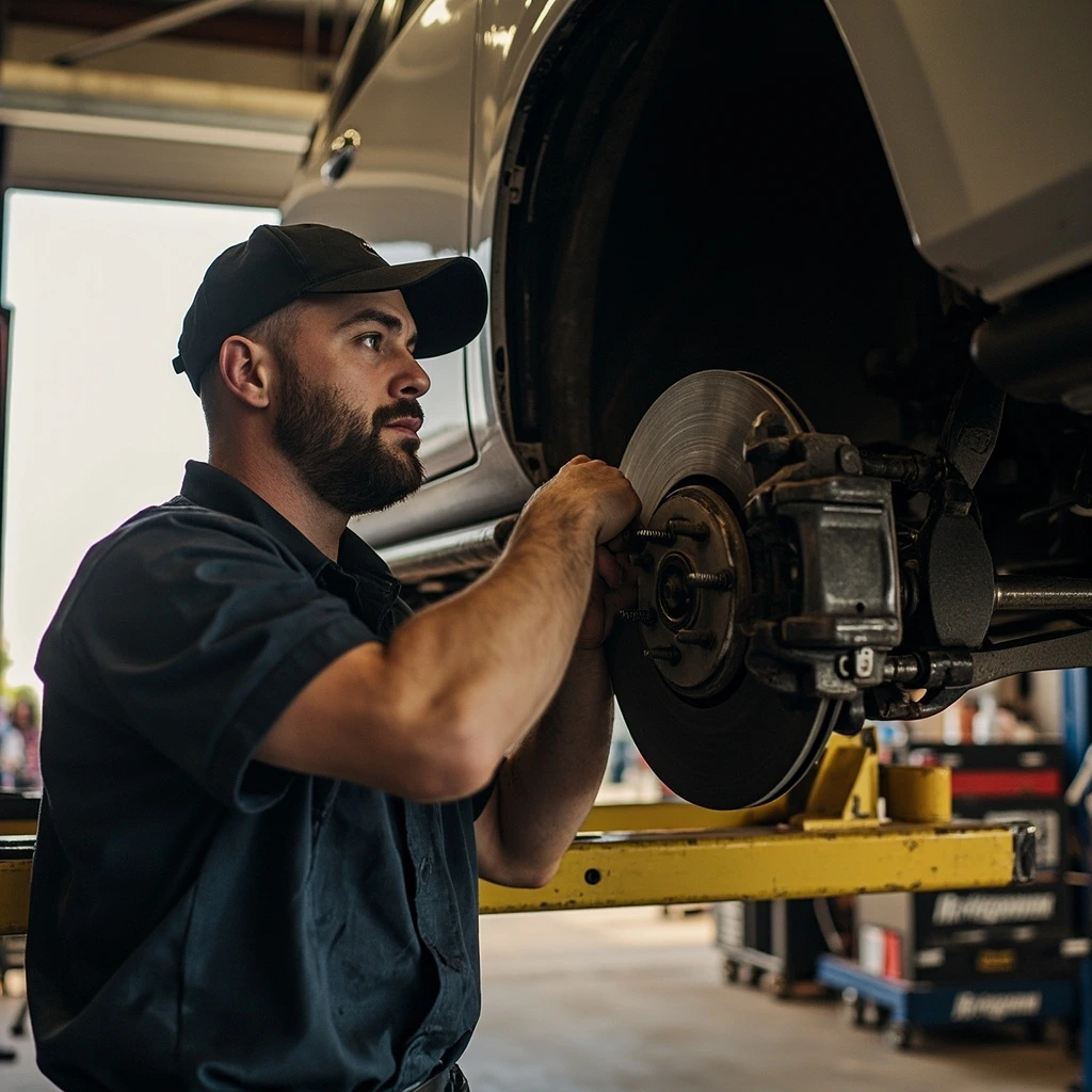 Technician installing new brake pads and rotor on a lifted SUV